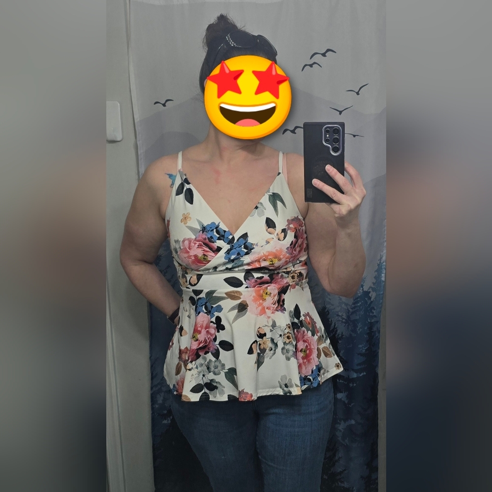 VENUS Cream Floral Peplum Camisole with Pink & Blue Blooms